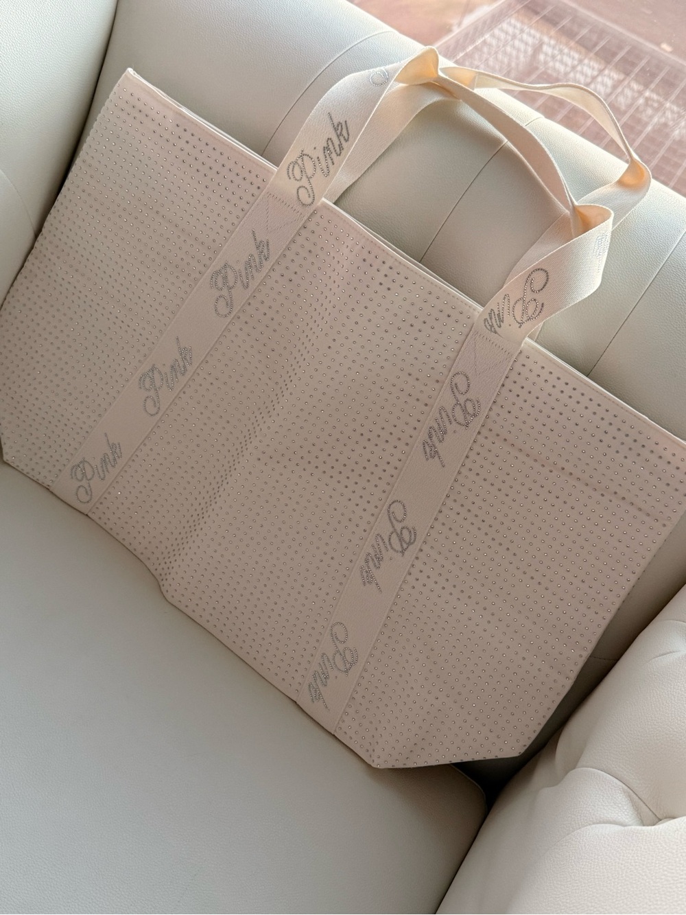 PINK Victoria's Secret Cream Rhinestone Trim tote bag